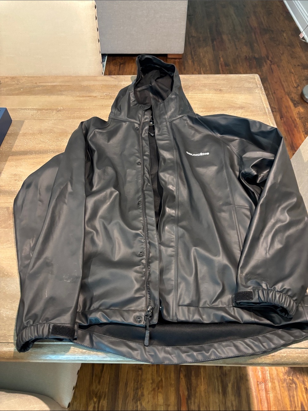 Grundens Water-Resistant Black Hooded Men's Fishing/Rain Jacket